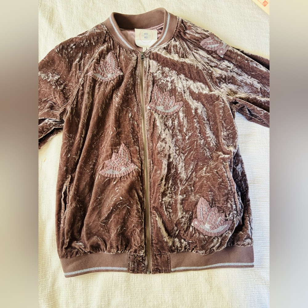 Hei Hei Anthropologie Embroderied Brown Velvet Bomber Jacket Women’s M - Picture 5 of 14